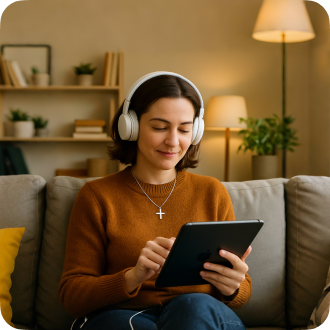 A woman coloring while enjoying music