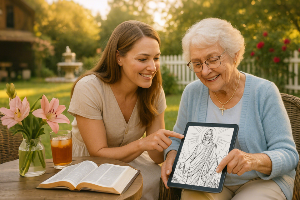 Two people smiling together over a framed picture